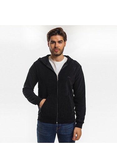 Slazenger SAMSON IN Erkek Fermuarlı Kapüşonlu Cepli Siyah Polar