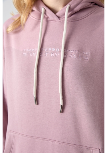 Tommy Life Gül Kurusu Kapüşonlu Kanguru Cep Oversize Lastik Paça Kadın Eşofman Takımı - 95288 Gül Kurusu