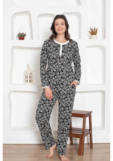 Kadın Çiçek Desen Bisiklet Yaka 3 Düğmeli %100 Pamuk Penye İnce Yazlık Uzun Kol Pijama Takımı Siyah