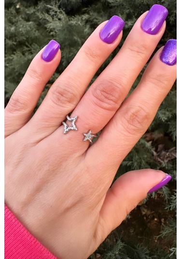 Çift Yıldız Ayarlanabilir Gümüş Renk Yüzük - Zirkontaşlı Silver