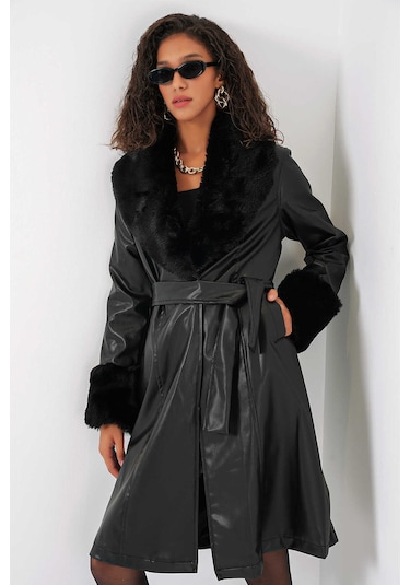 Gabria Yaka Kürklü Deri Trenchcoat Siyah
