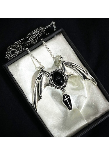Dükkan Design Gotik Black Bat Cross Tabut Kolye Siyah - Gümüş