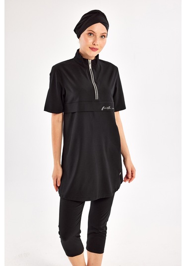 Kısa Kollu Spor Likra Yarı Kapalı Mayo Yetta 1603 Siyah Siyah