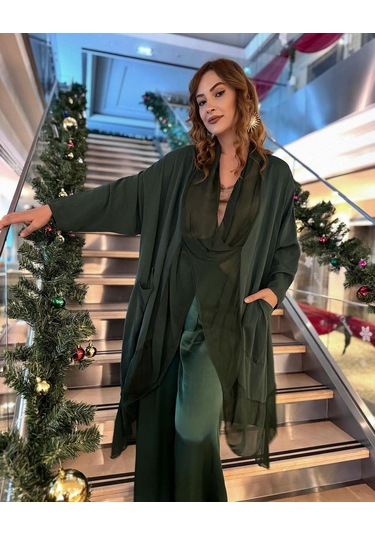 Italyan Ipek Detaylı Oversize Kaftan & Bluz-8711 Zümrüt Yeşili