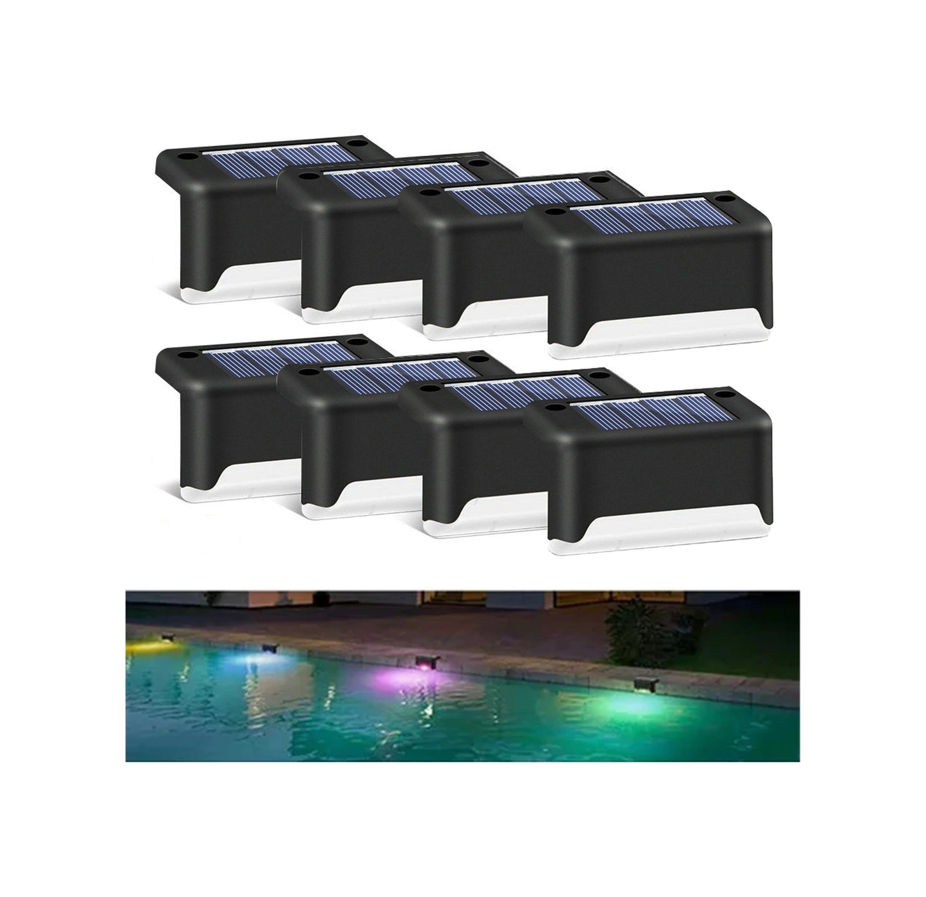 Xindoker Siyah Renkli Güneş Enerjili Led Basamak Lambası Seti 8 Adet - Dış Mekan İçin Su Geçirmez, Otomatik Aç/kapat, Renkli Işık, Bahçe/evreği/trampeliny Aydınlatma Siyah