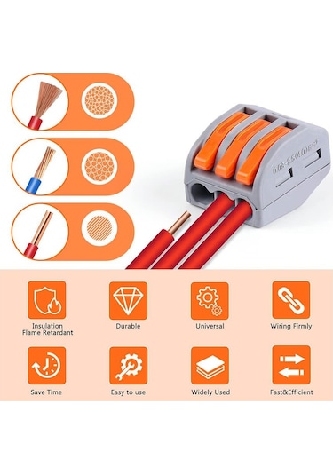 Koodmax 10 Adet Üçlü Kolay Kablo Tel Birleştirici Konnektör Vidasız Klemens - Hızlı Bağlantı Kesme