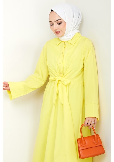 Renda Belden Bağlamalı Elbise 1467 - Sarı Sarı