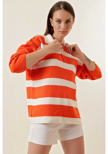 Gabria Fermuarlı Çizgili Kazak Oranj