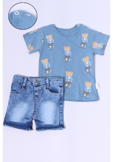 Erkek Bebek Şortlu Takım Kot Şortlu Çıtçıt Detaylı Baskılı B26 mavi