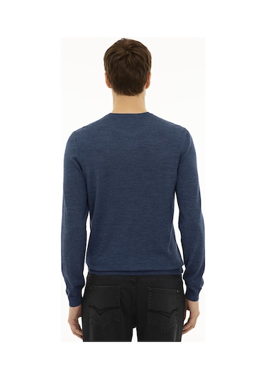 Cacharel İndigo Slim Fit Bisiklet Yaka Basic Triko Kazak Mavi