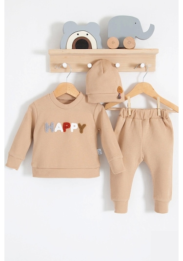 Happy Nakışlı Pamuklu Erkek Bebek Takım 2'li - Kahverengi