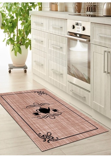 Gri Ve Somon, Kupa, Kaymaz Dökülmez Deri Taban Mutfak Halısı