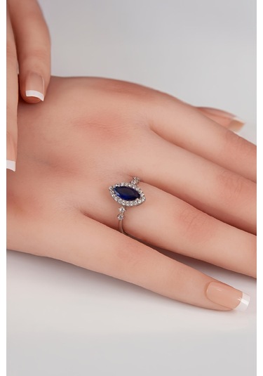 Parliement Mavisi Mekik Taşlı 925 Ayar Gümüş Bayan Yüzük -7971