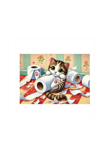 Tuvalet Kağıdıyla Yaramaz Kedi Mdf Tablo