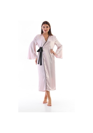 Laperissa Kadın Pudra Saten Dokuma Sabahlık Siyah Kuşaklı Şık Ve Zarif Ev Giyim Pudra