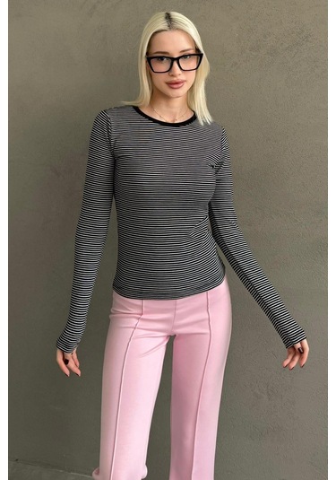 Siyah Çizgili Uzun Kollu Kadın Body Mg2657 Siyah