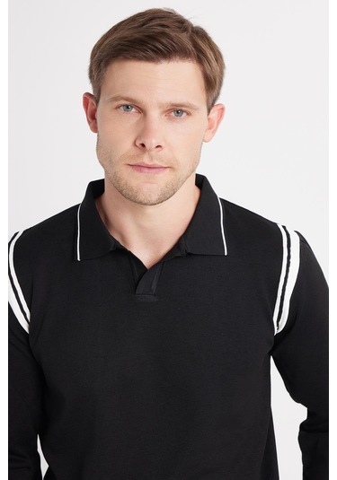Erkek Slim Fit Dar Kesim Uzun Kol Polo Yaka Çizgili Siyah Kazak-35807 Siyah