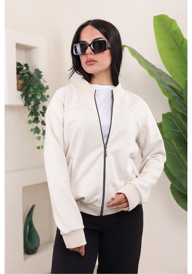 Bomber Kolej Su Geçirmez Ceket Açık Krem Süet