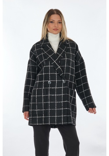 Perspective Kruvaze Yaka Ekose Desenli Siyah-Beyaz Kadın Kaban 24250702 001