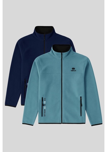 Standart Kalıp Dik Yaka 2li Paket İndigo-mint Yeşili Erkek Polar Sweatshirt - 87992 Indigo