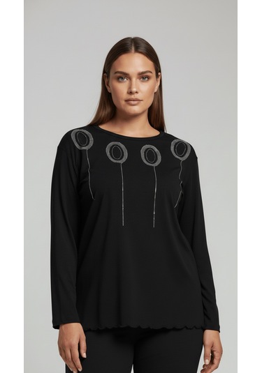 Taş Desenli Uzun Kollu Bambu Viskon Kumaş Bluz Siyah