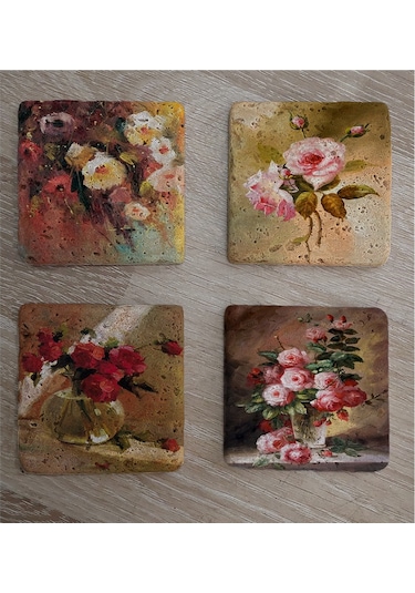 Renkli Güller Doğal Taş Bardak Altlığı 4'lü Set - Natural Stone Coasters - Taş Çok Renkli