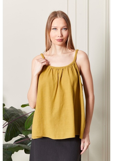 Şık Farklı Tarz Keten Işıl Bluz - Zarif Ve Modern Tasarım HARDAL