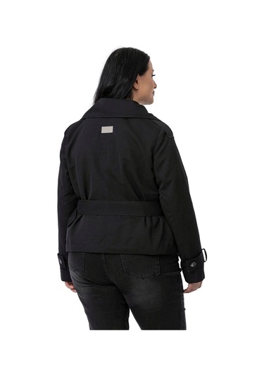 Büyük Beden Mono Yaka Kemerli Astarlı Kısa Siyah Trençkot Siyah