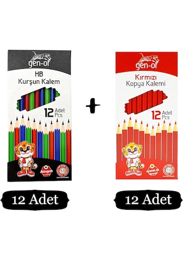 Gen-of Hb Köşeli Kurşun Kalem 12'li + Kırmızı Kopya Kalemi 12'li