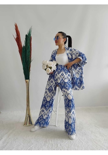 Moda Desenli Ikili Kimono Takım Rahat Kalıp Mavi