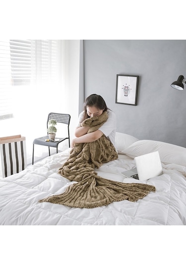 Sones Denizkızı Kuyruğu Örgü Battaniye Balık Kuyruğu Battaniye, Boyut: 195x90cm Gri