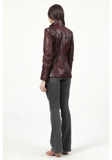Dericlub Mistral Kadın Kapüşonlu Hakiki Deri Kaban Bordo Bordo