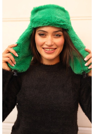 Çıtçıtlı Kürklü Kulaklıklı Peluş Bere Şapka Rkş-03 Yeşil Yeşil