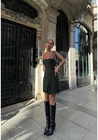 İki Parçalı Pileli Askılı Kadın Mini Elbise - Haki Haki