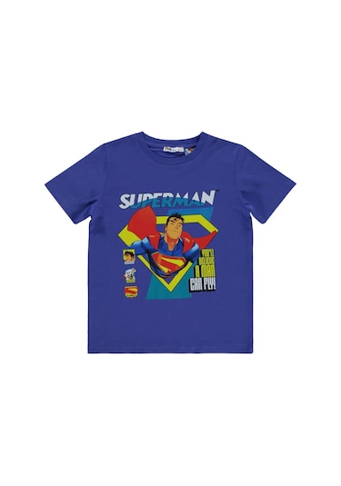 Süperman Can Fly Baskılı 6-9 Yaş Tişört Saks Mavisi
