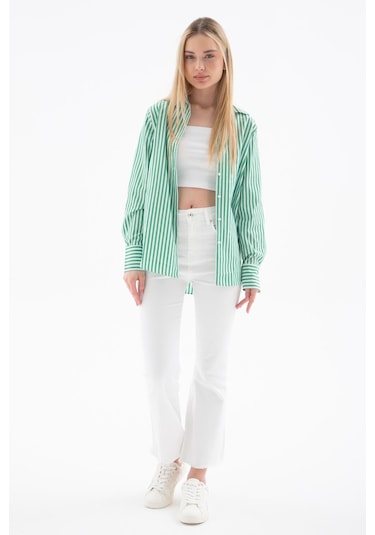 Fashion Friends Oversize Kadın Çizgili Gömlek Yeşil