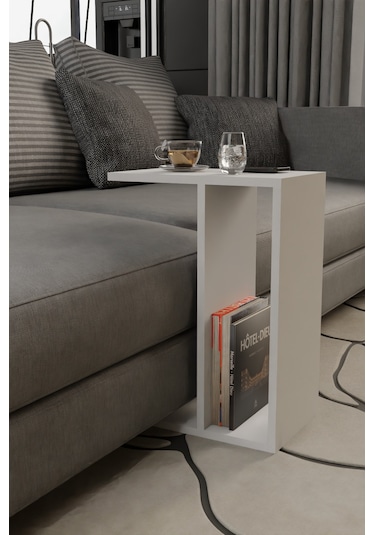 Alpa Ev Mobilya C Tasarım Koltuk Yanı Sehpa, Kitaplıklı Modern Laptop & Kahve Sehpası, Orta Sehpa Beyaz