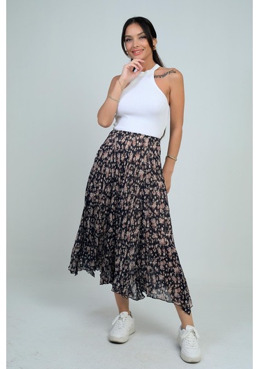 Kadın Beli Lastikli Astarlı Mini Çiçekli Midi Kraşlı Üçgen Etek-41724 Siyah