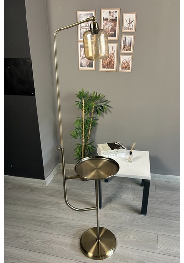 Diona Cam Bal Rengi Eskitme Gövde Düz Tepsili Lambader Modern Oturma Odası Uyumlu Natural