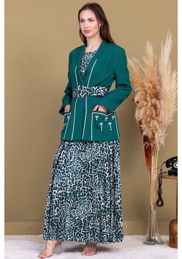 Leopar Desenli Ceketli Üçlü Takım 4715-zümrüt Yeşili Zümrüt Yeşili
