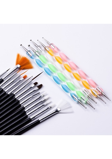 Ecoform Nail Art Tırnak Süsleme Desen Fırça + Dot Kalem Seti Siyah 20'li