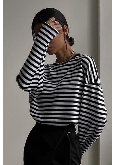 Siyah Çizgili Sweatshirt Mg2572 Siyah