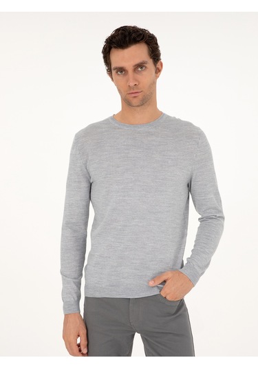 Cacharel Açık Gri Slim Fit Bisiklet Yaka Yün Karışımlı Basic Triko Kazak