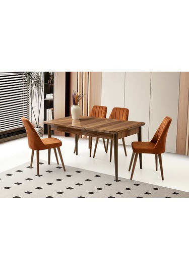 Kelebek Hazar Ahşap Salon Yemek Masa Sandalye Takımı 4 Sandalyeli Ortadan Açılır Büyüyen 90x160cm Ce Ceviz