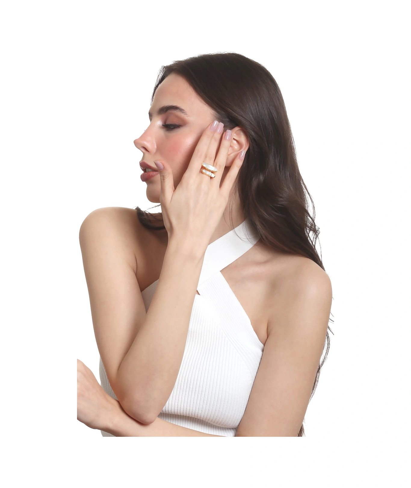 Labalaba Kadın İki Telli El Yapımı Tasarım İnci Yüzük Altın