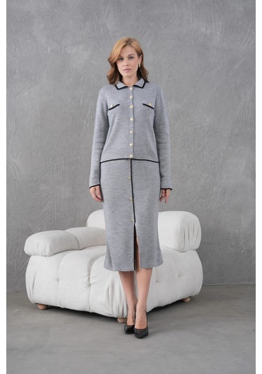 Kadın Polo Yaka Düğme Detay Ceket Uzun Etek İkili Triko Takım Gri