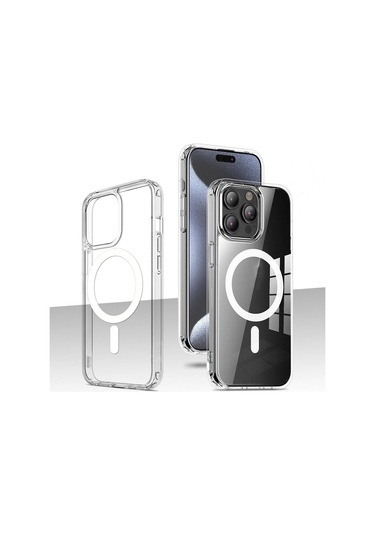 İphone Uyumlu 15 Pro Max Uyumlu Magsafe Şarj Özellikli Şeffaf Sert Pc Tchs Embos Kılıf-renksiz Renksiz