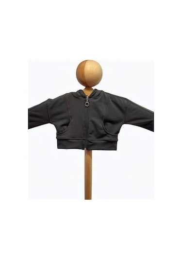 Kız Çocuk Pamuklu Crop Fermuarlı Kapuşonlu Hırka-15454 Füme