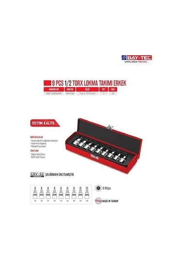 Bay-tec 9 Adet 1/2 Torx Lokma Takımı Seti (erkek) Mk-2740
