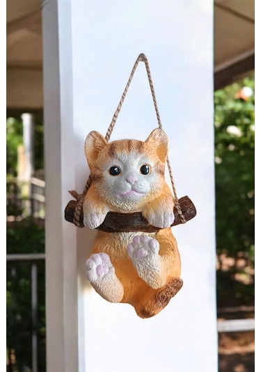 1 Adet Dekoratif Sallanan Duvar Ve Bahçe Süsü Kedi Sarı-beyaz
